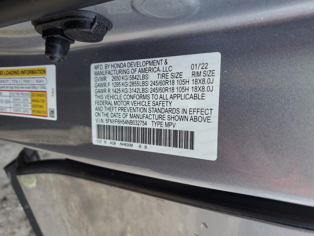 2022 Honda Pilot VIN 5FNYF6H54NB032754 Copart auction photo, front end damage thumbnail 12