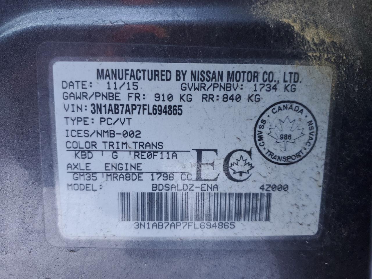 2015 Nissan Sentra VIN 3N1AB7AP7FL694865 Copart auction photo, side / rear end damage thumbnail 12