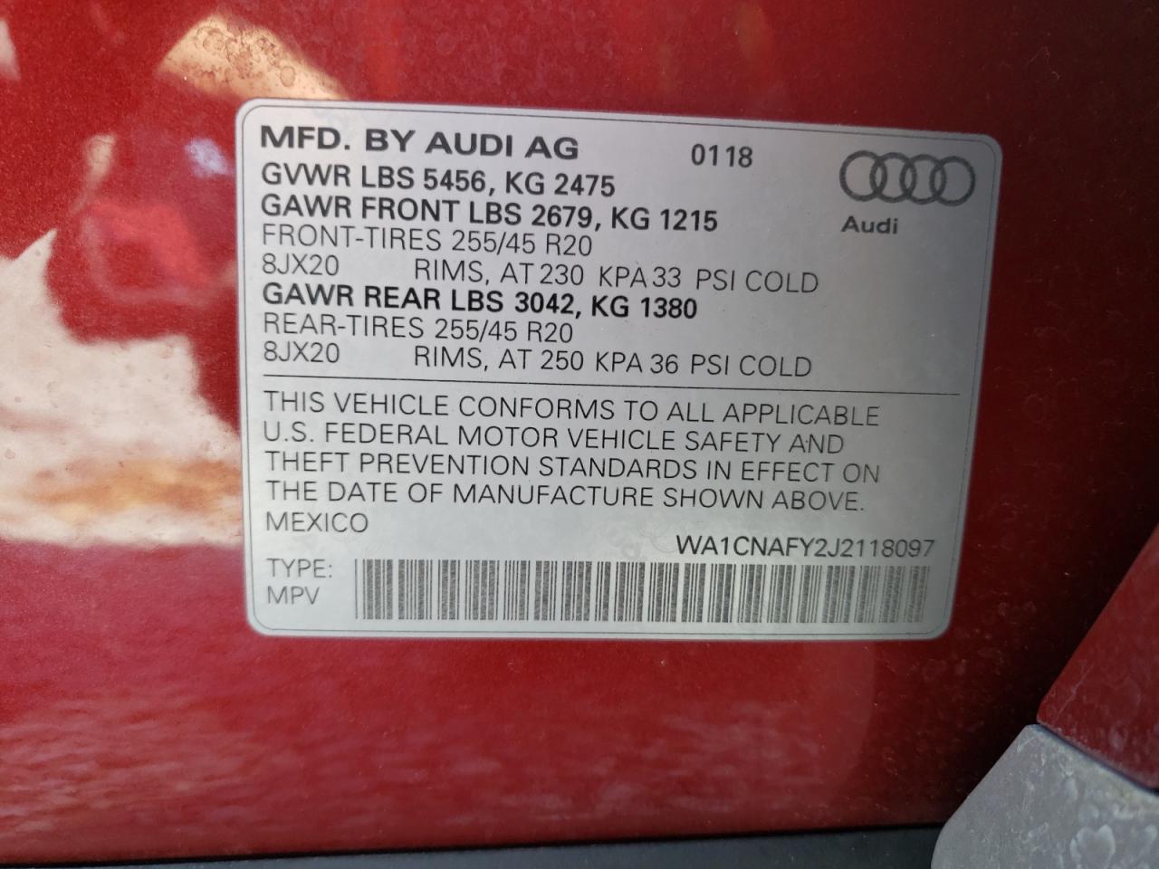 2018 Audi Q5 VIN WA1CNAFY2J2118097 Copart auction photo, front end / side damage thumbnail 14