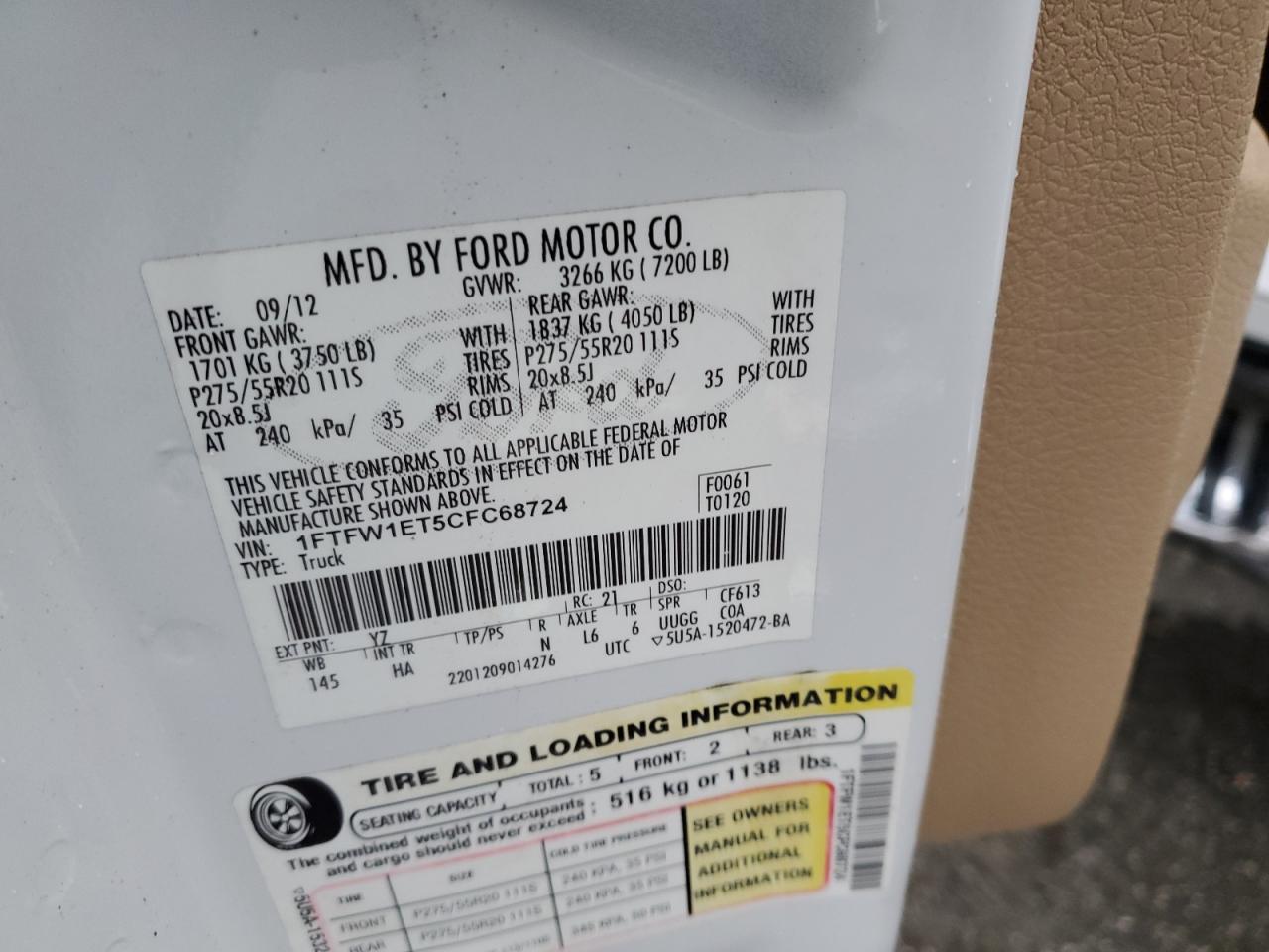 2012 Ford F-150 VIN 1FTFW1ET5CFC68724 Copart auction photo, side damage thumbnail 14