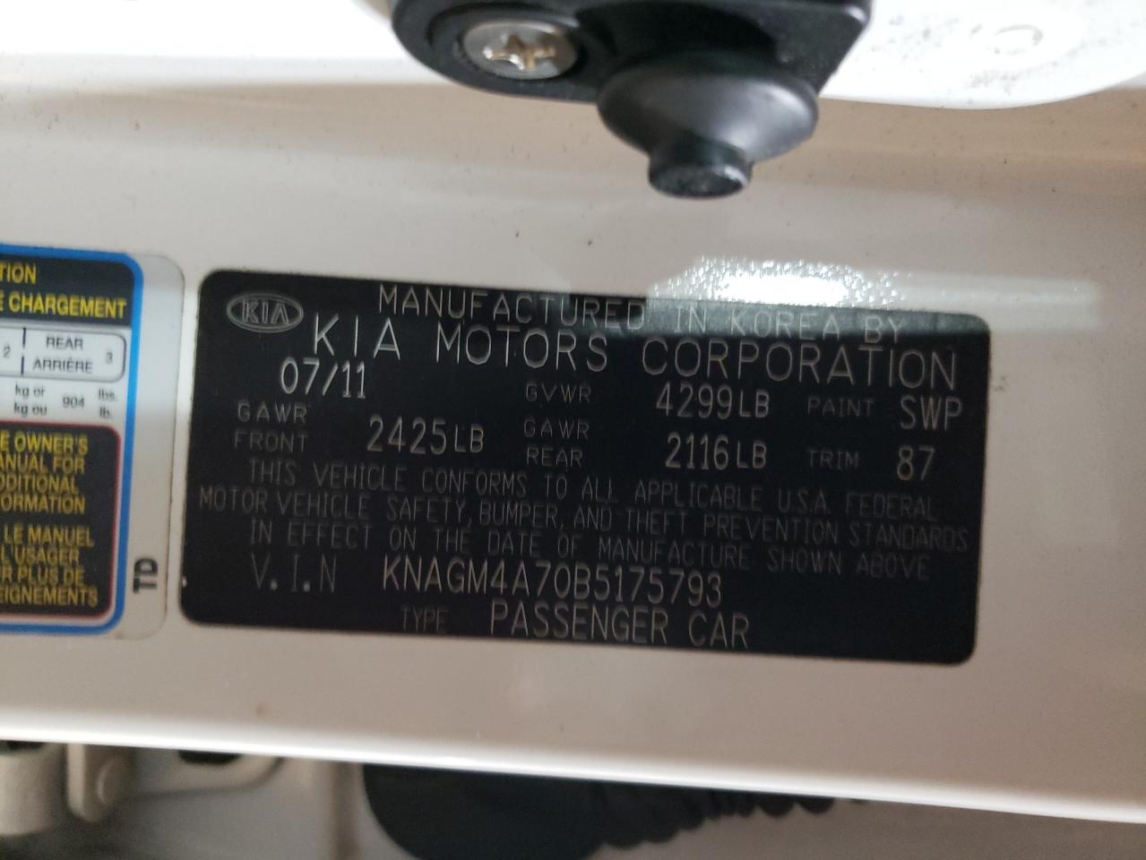 2011 KIA Optima VIN KNAGM4A70B5175793 Copart auction photo, front end / side damage thumbnail 12