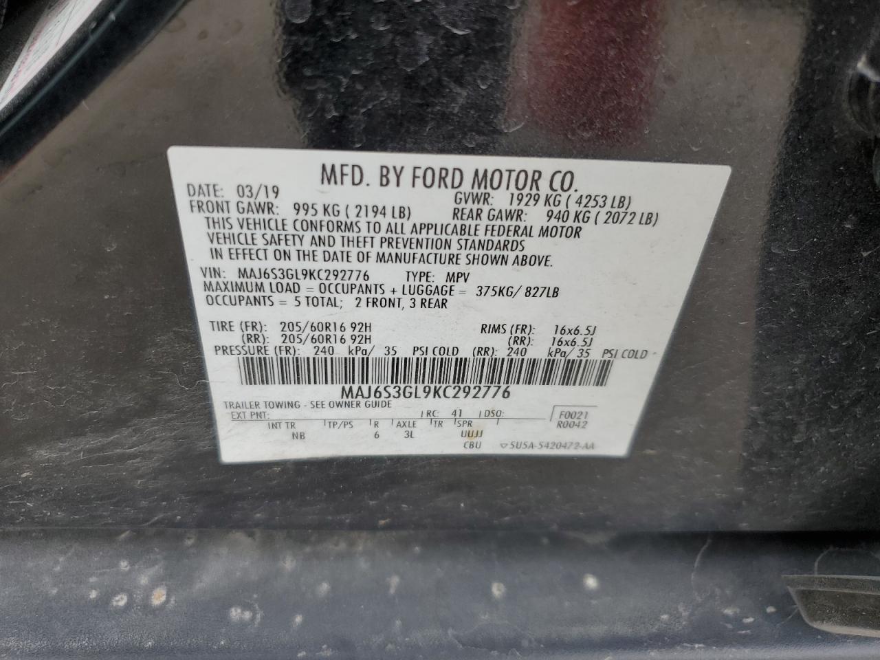 2019 Ford EcoSport VIN MAJ6S3GL9KC292776 Copart auction photo, front end / side damage thumbnail 13