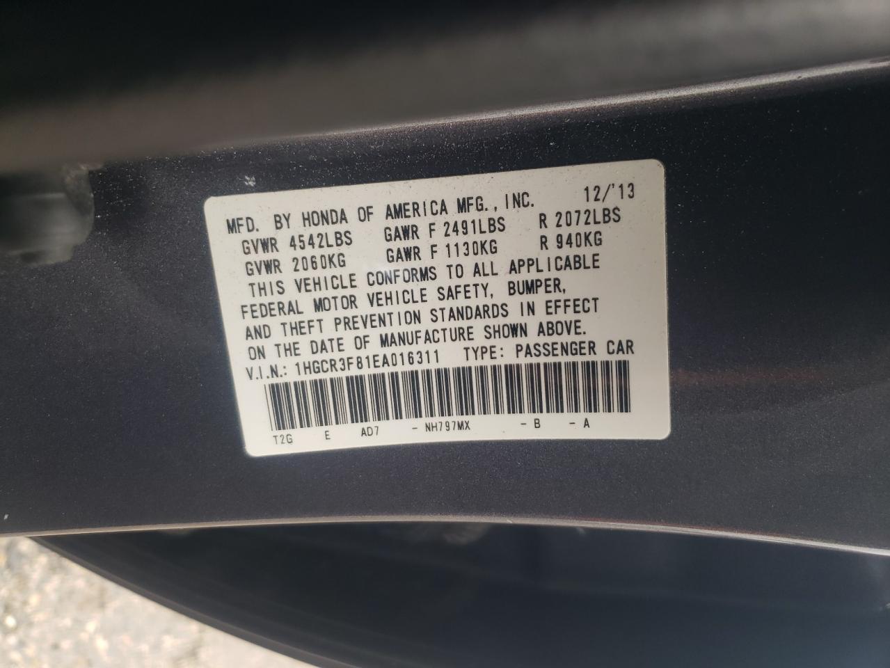 2014 Honda Accord VIN 1HGCR3F81EA016311 Copart auction photo, front end / mechanical damage thumbnail 14