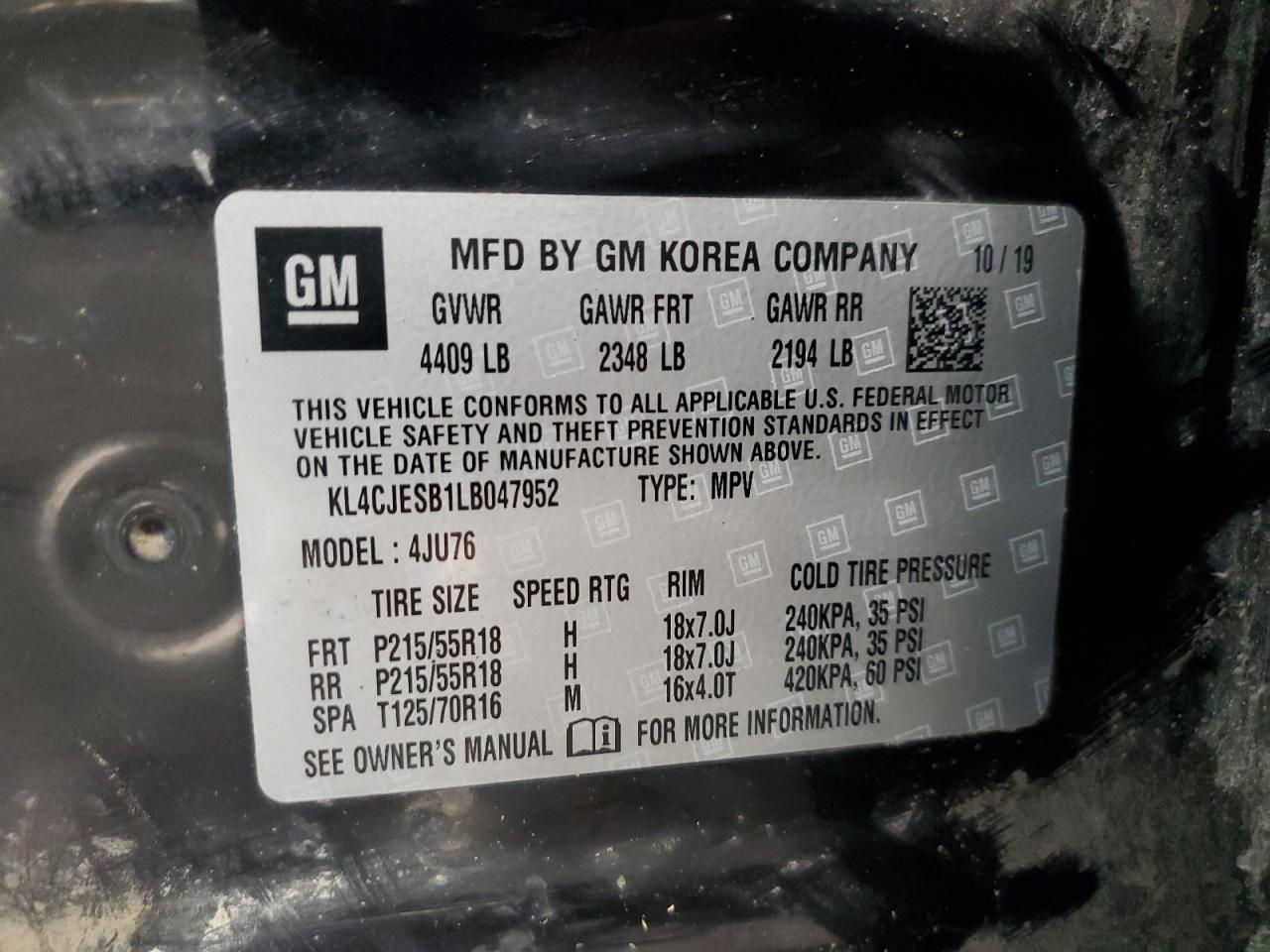 2020 Buick Encore VIN KL4CJESB1LB047952 Copart auction photo, front end / all over damage thumbnail 16