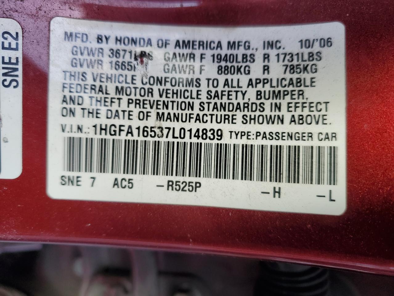 2007 Honda Civic VIN 1HGFA16537L014839 Copart auction photo, front end / side damage thumbnail 13