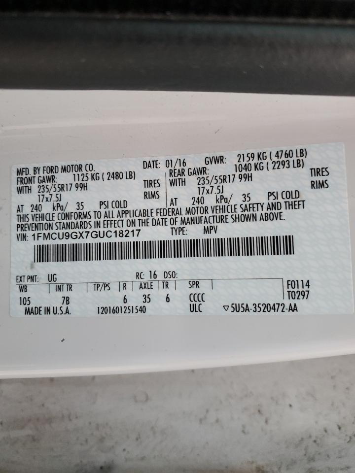 2016 Ford Escape VIN 1FMCU9GX7GUC18217 Copart auction photo, rear end damage thumbnail 16