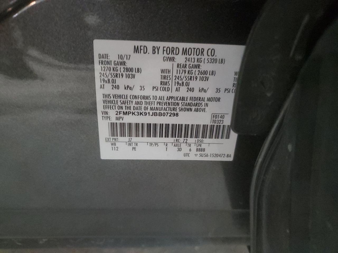 2018 Ford Edge VIN 2FMPK3K91JBB07298 Copart auction photo, front end / rear end damage thumbnail 13
