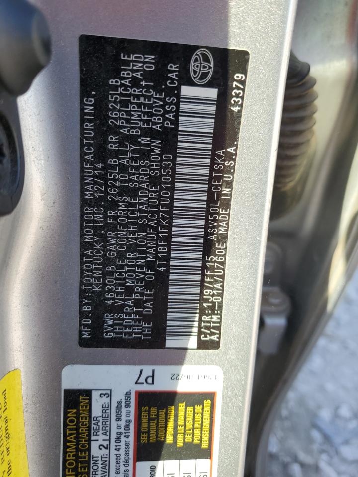 2015 Toyota Camry VIN 4T1BF1FK7FU010530 Copart auction photo, rear end / front end damage thumbnail 13