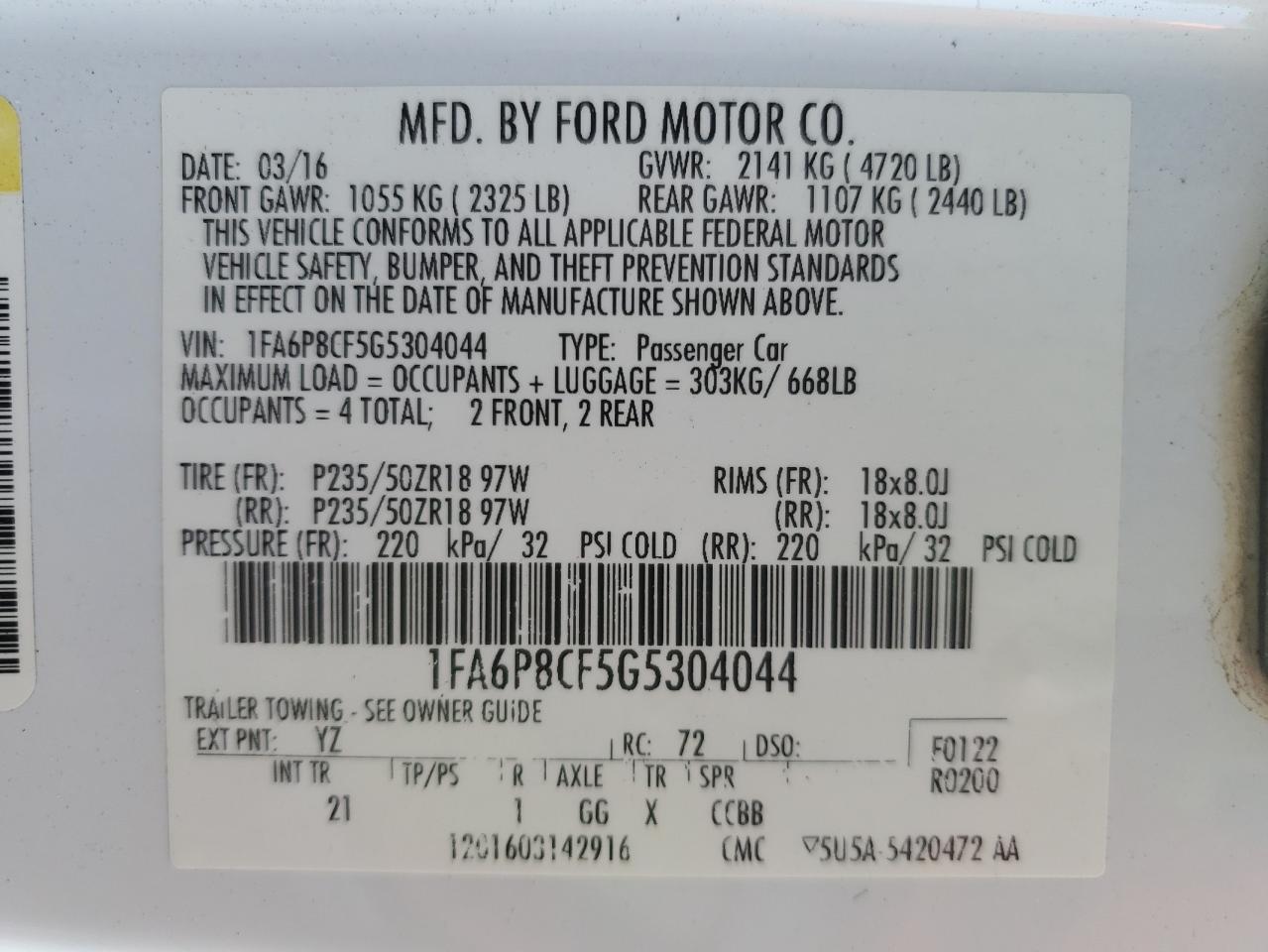 2016 Ford Mustang VIN 1FA6P8CF5G5304044 Copart auction photo, side damage thumbnail 13