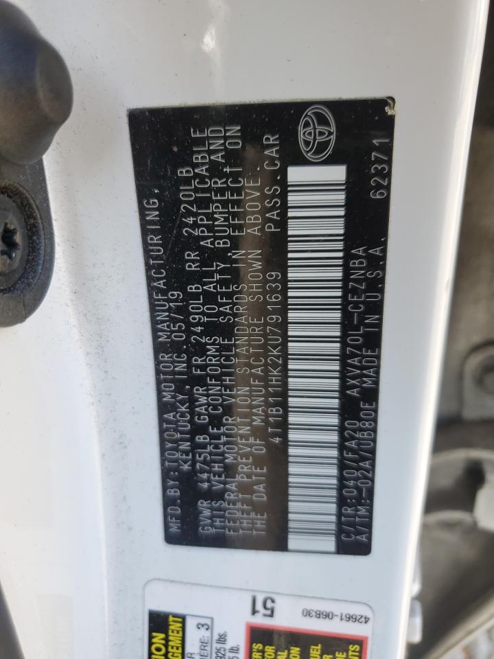 2019 Toyota Camry VIN 4T1B11HK2KU791639 Copart auction photo, front end damage thumbnail 13