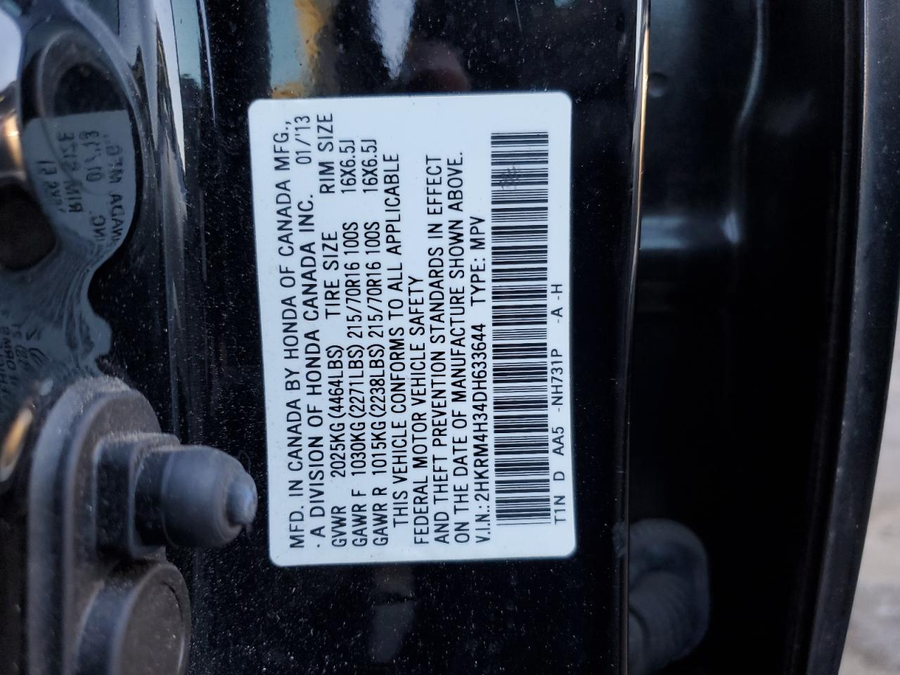 2013 Honda CR-V VIN 2HKRM4H34DH633644 Copart auction photo, side / undercarriage damage thumbnail 13