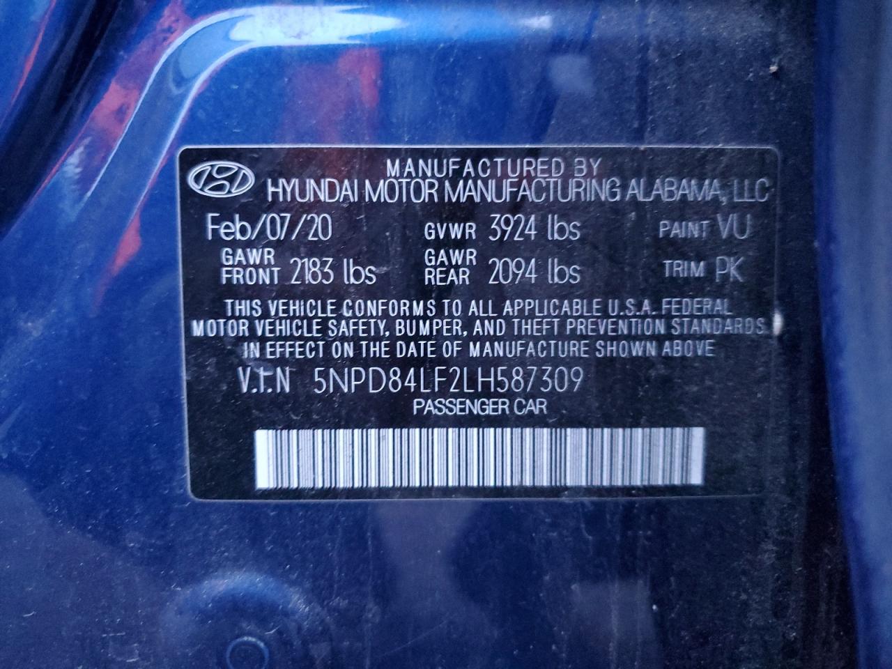 2020 Hyundai Elantra VIN 5NPD84LF2LH587309 Copart auction photo, minor dent/scratches damage thumbnail 12