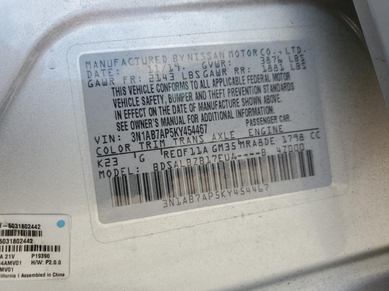 2019 Nissan Sentra VIN 3N1AB7AP5KY454467 Copart auction photo, rear end damage thumbnail 13