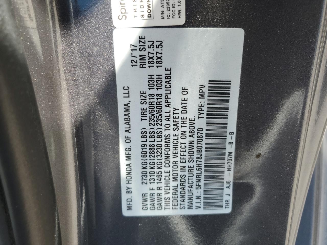 2018 Honda Odyssey VIN 5FNRL6H78JB070870 Copart auction photo, front end damage thumbnail 13