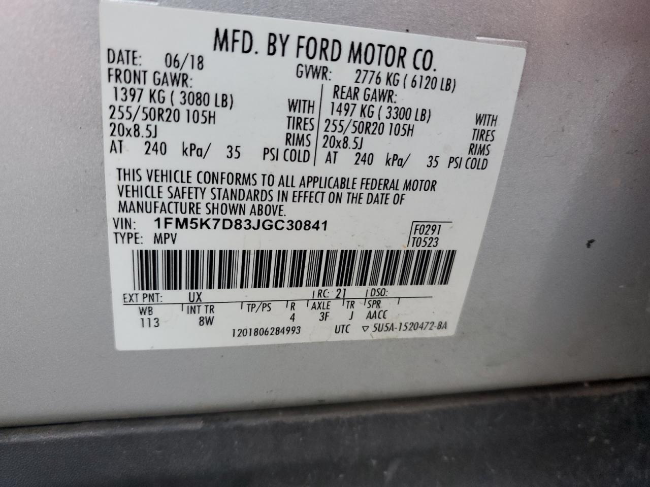 2018 Ford Explorer VIN 1FM5K7D83JGC30841 Copart auction photo, front end / side damage thumbnail 13