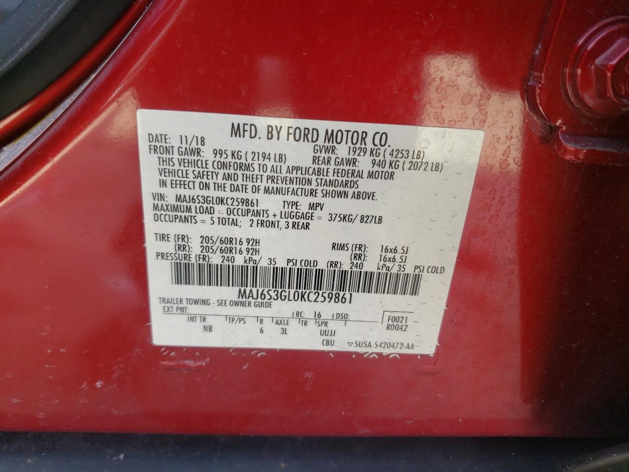 2019 Ford EcoSport VIN MAJ6S3GL0KC259861 Copart auction photo, mechanical damage thumbnail 13