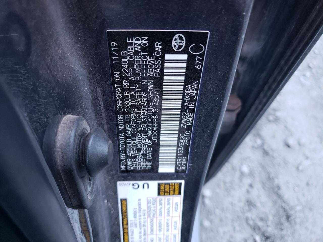 2020 Toyota Prius VIN JTDKARFP8L3143571 Copart auction photo, rear end damage thumbnail 13
