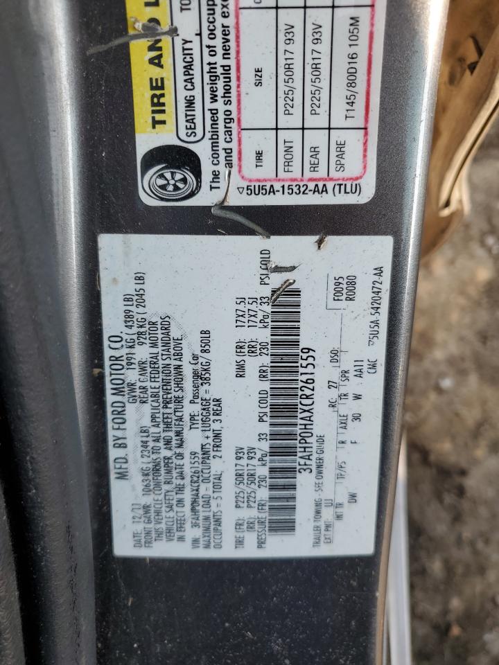 2012 Ford Fusion VIN 3FAHP0HAXCR261559 Copart auction photo, rear end / front end damage thumbnail 14