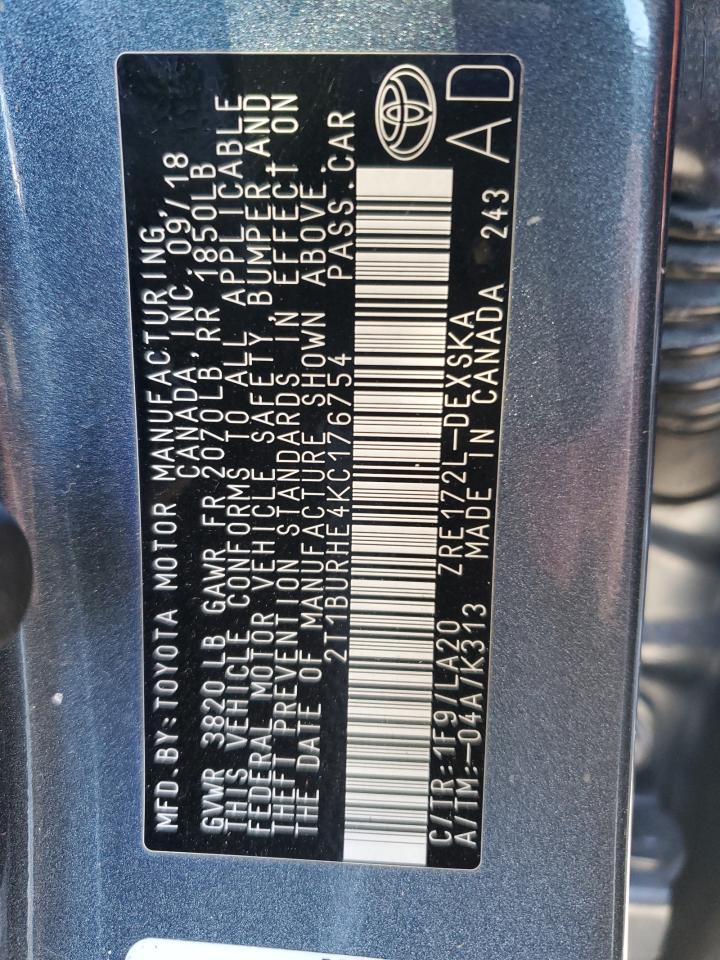 2019 Toyota Corolla VIN 2T1BURHE4KC176754 Copart auction photo, front end / side damage thumbnail 12