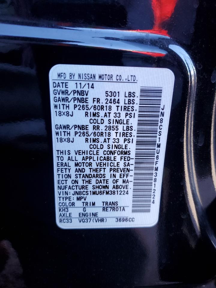 2015 Infiniti QX70 VIN JN8CS1MU6FM381224 Copart auction photo, front end damage thumbnail 16