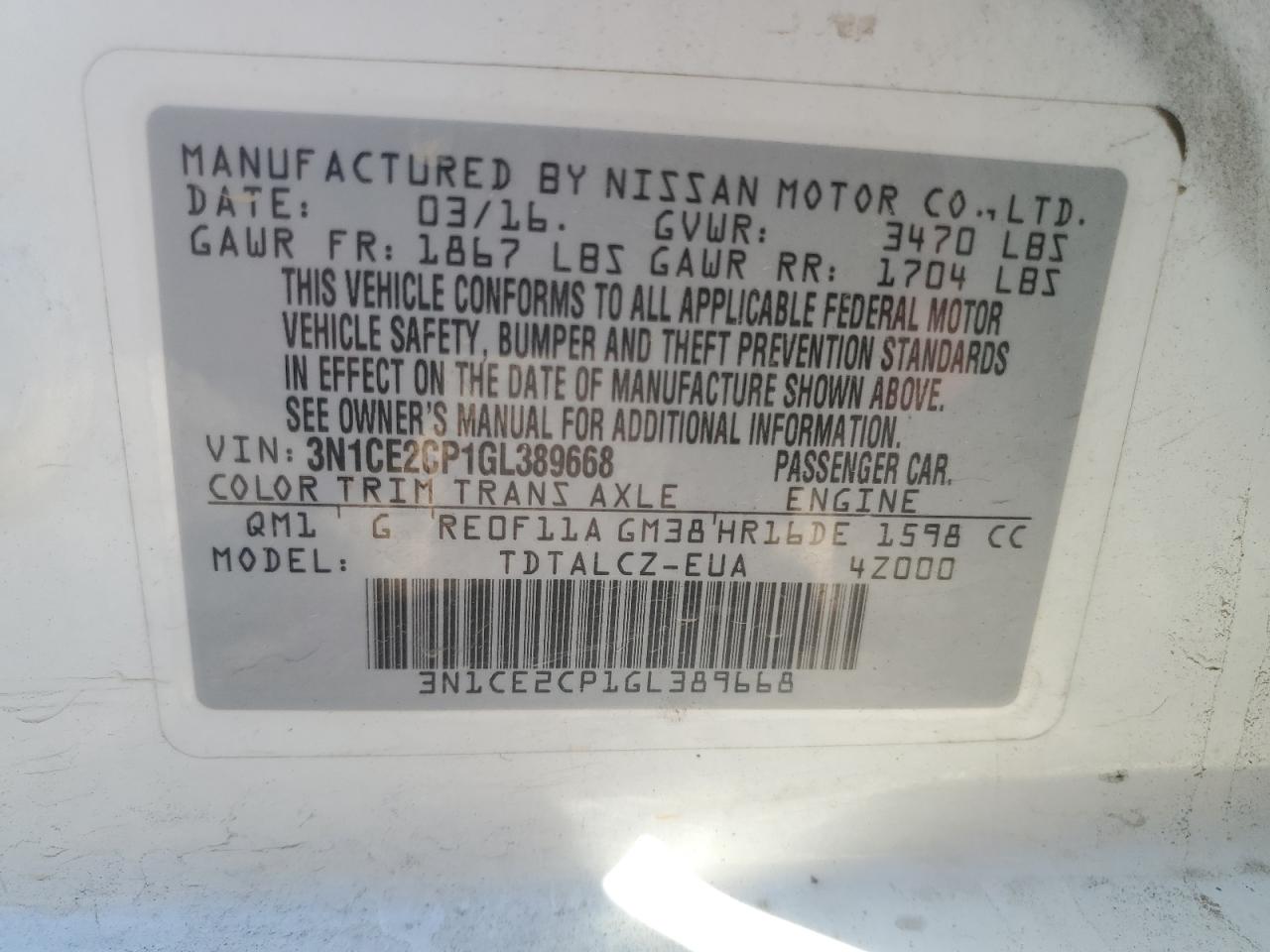 2016 Nissan Versa VIN 3N1CE2CP1GL389668 Copart auction photo, front end / side damage thumbnail 12