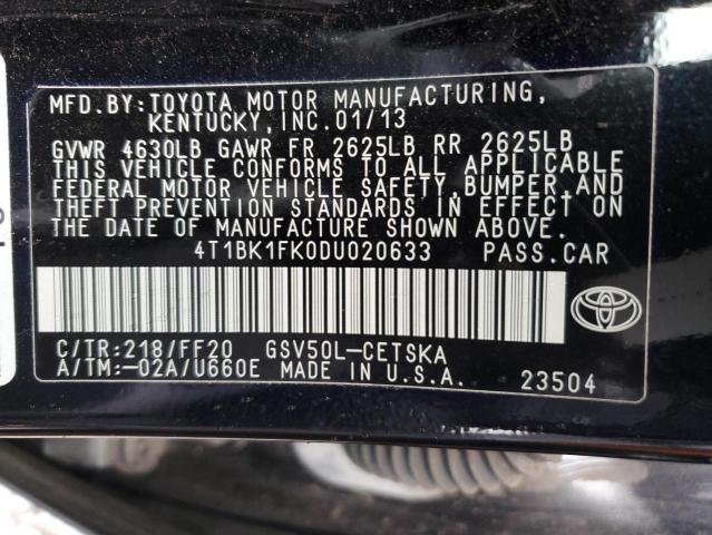 2013 Toyota Camry VIN 4T1BK1FK0DU020633 Copart auction photo, front end damage thumbnail 12