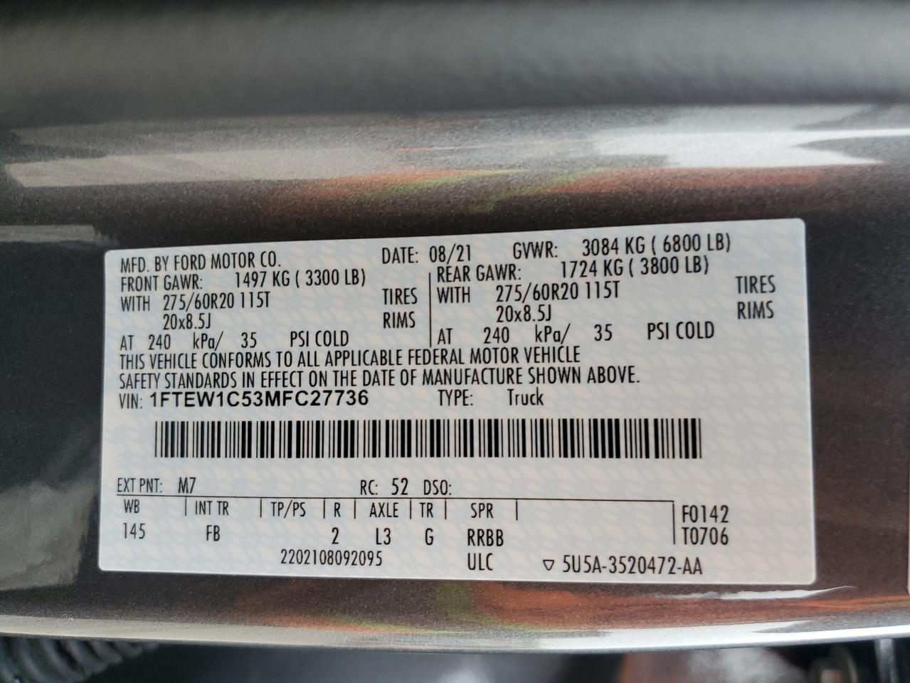 2021 Ford F-150 VIN 1FTEW1C53MFC27736 Copart auction photo, front end damage thumbnail 12