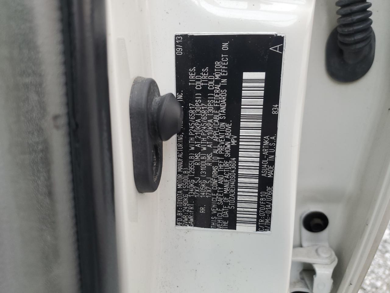 2013 Toyota Highlander VIN 5TDZA3EH4DS043604 Copart auction photo, rear end damage thumbnail 15