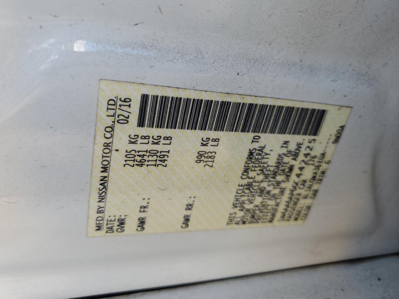 2016 Nissan Maxima VIN 1N4AA6AP6GC442425 Copart auction photo, front end / side damage thumbnail 15