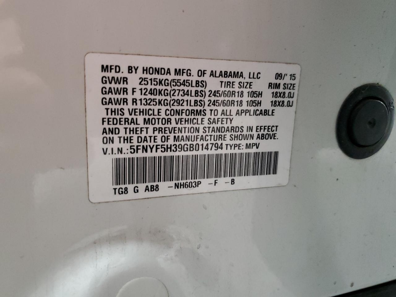 2016 Honda Pilot VIN 5FNYF5H39GB014794 Copart auction photo, front end damage thumbnail 14