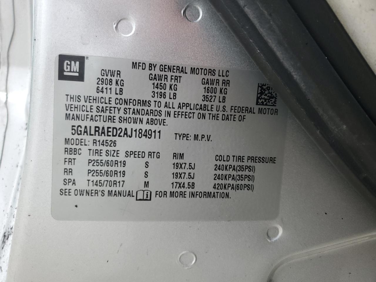 2010 Buick Enclave VIN 5GALRAED2AJ184911 Copart auction photo, burn damage thumbnail 14
