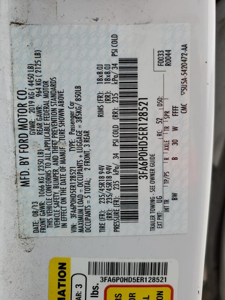 2014 Ford Fusion VIN 3FA6P0HD5ER128521 Copart auction photo, normal wear / minor dent/scratches damage thumbnail 13