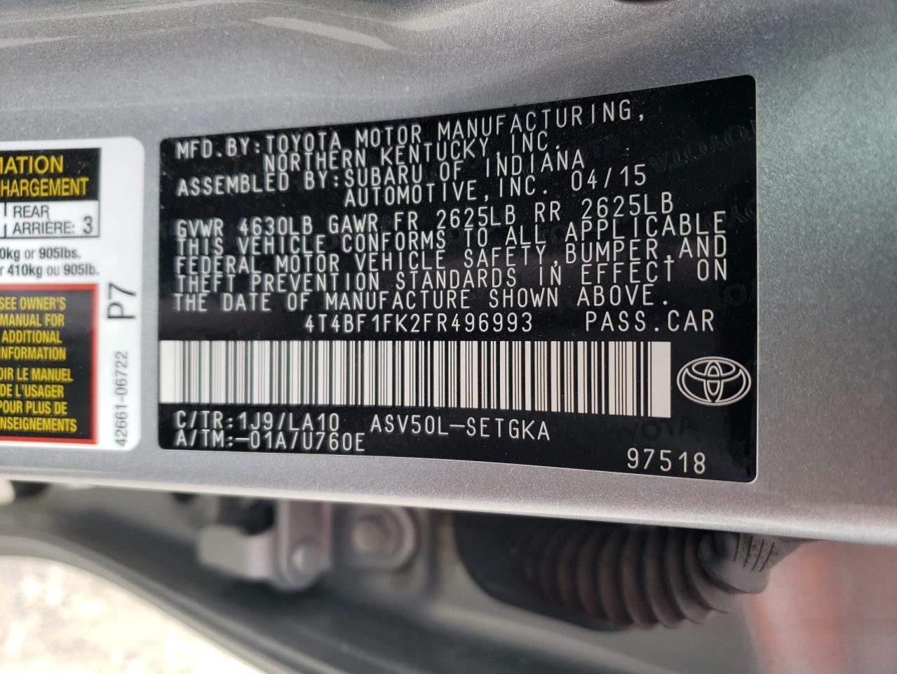 2015 Toyota Camry VIN 4T4BF1FK2FR496993 Copart auction photo, all over damage thumbnail 12