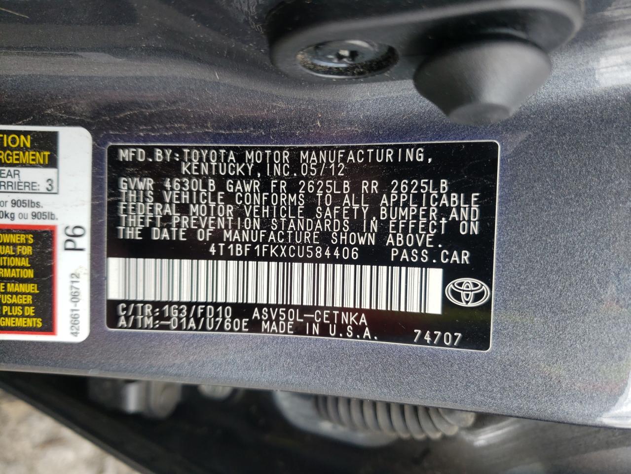 2012 Toyota Camry VIN 4T1BF1FKXCU584406 Copart auction photo, front end / undercarriage damage thumbnail 12