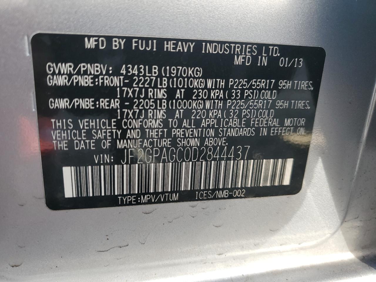 2013 Subaru XV VIN JF2GPAGC0D2844437 Copart auction photo, front end damage thumbnail 13