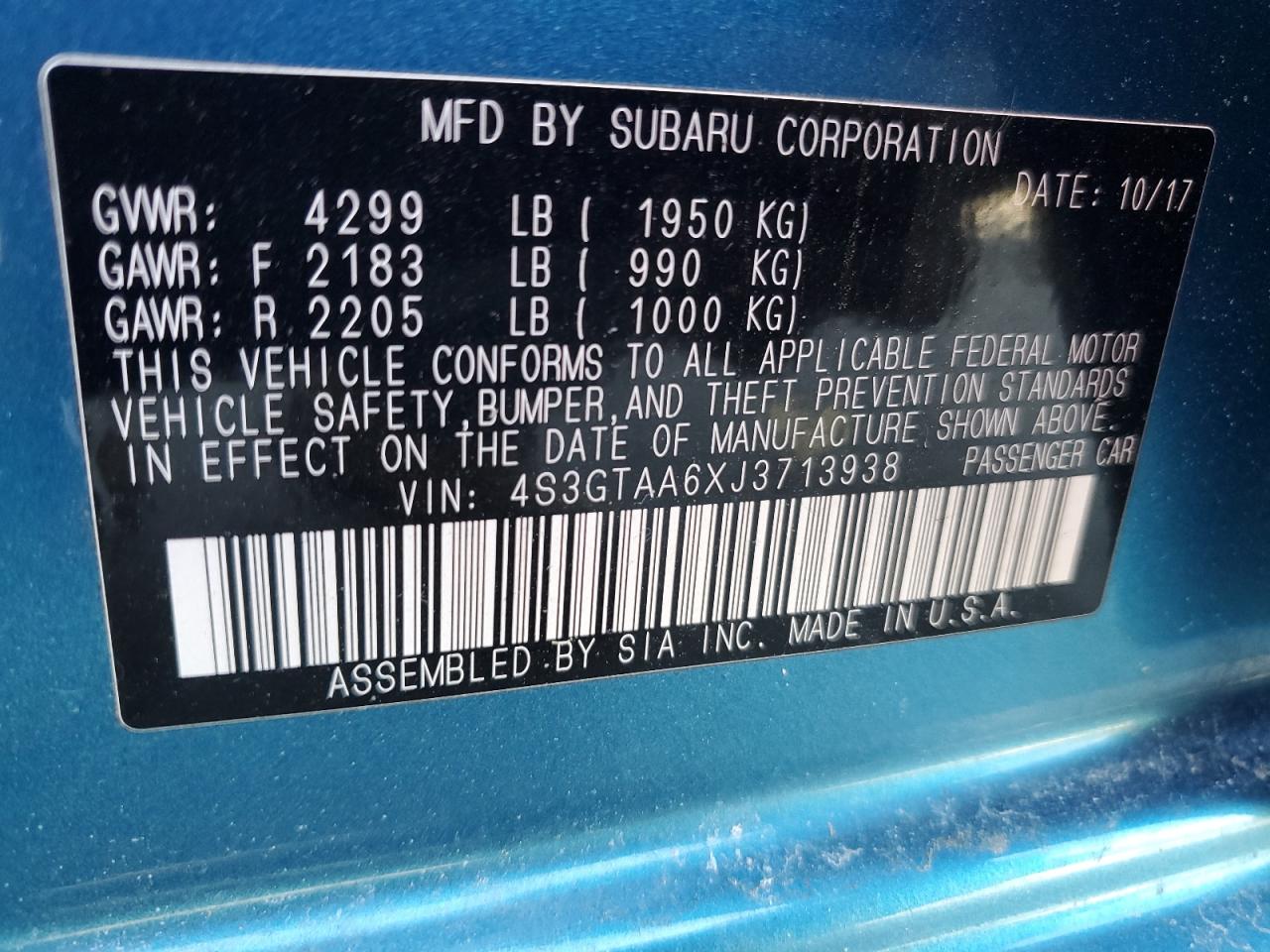 2018 Subaru Impreza VIN 4S3GTAA6XJ3713938 Copart auction photo, front end damage thumbnail 12