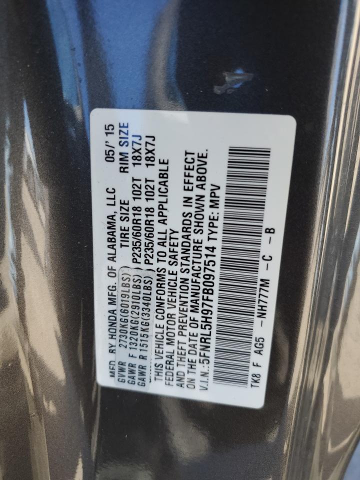 2015 Honda Odyssey VIN 5FNRL5H97FB097514 Copart auction photo, front end damage thumbnail 14