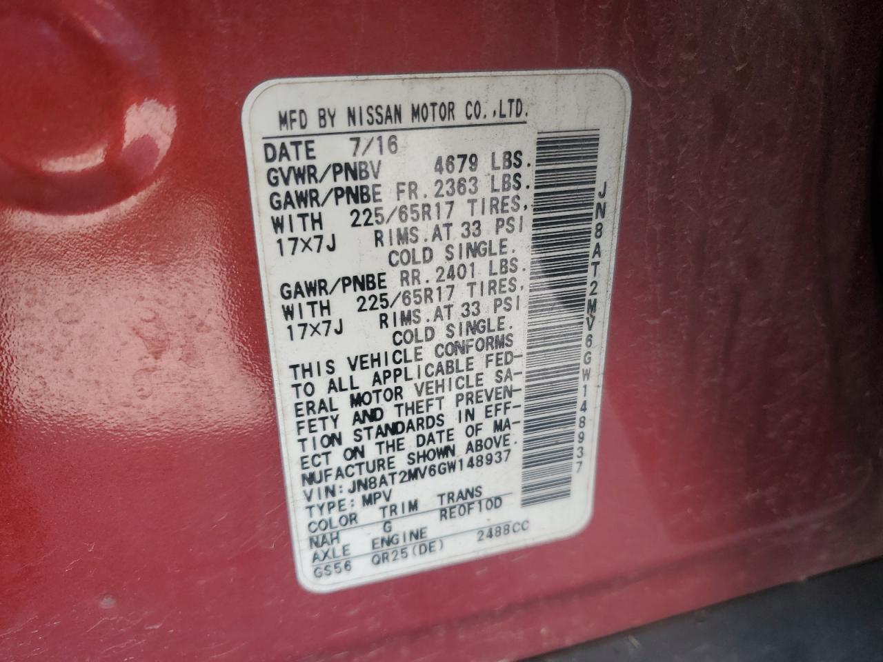 2016 Nissan Rogue VIN JN8AT2MV6GW148937 Copart auction photo, front end / minor dent/scratches damage thumbnail 13