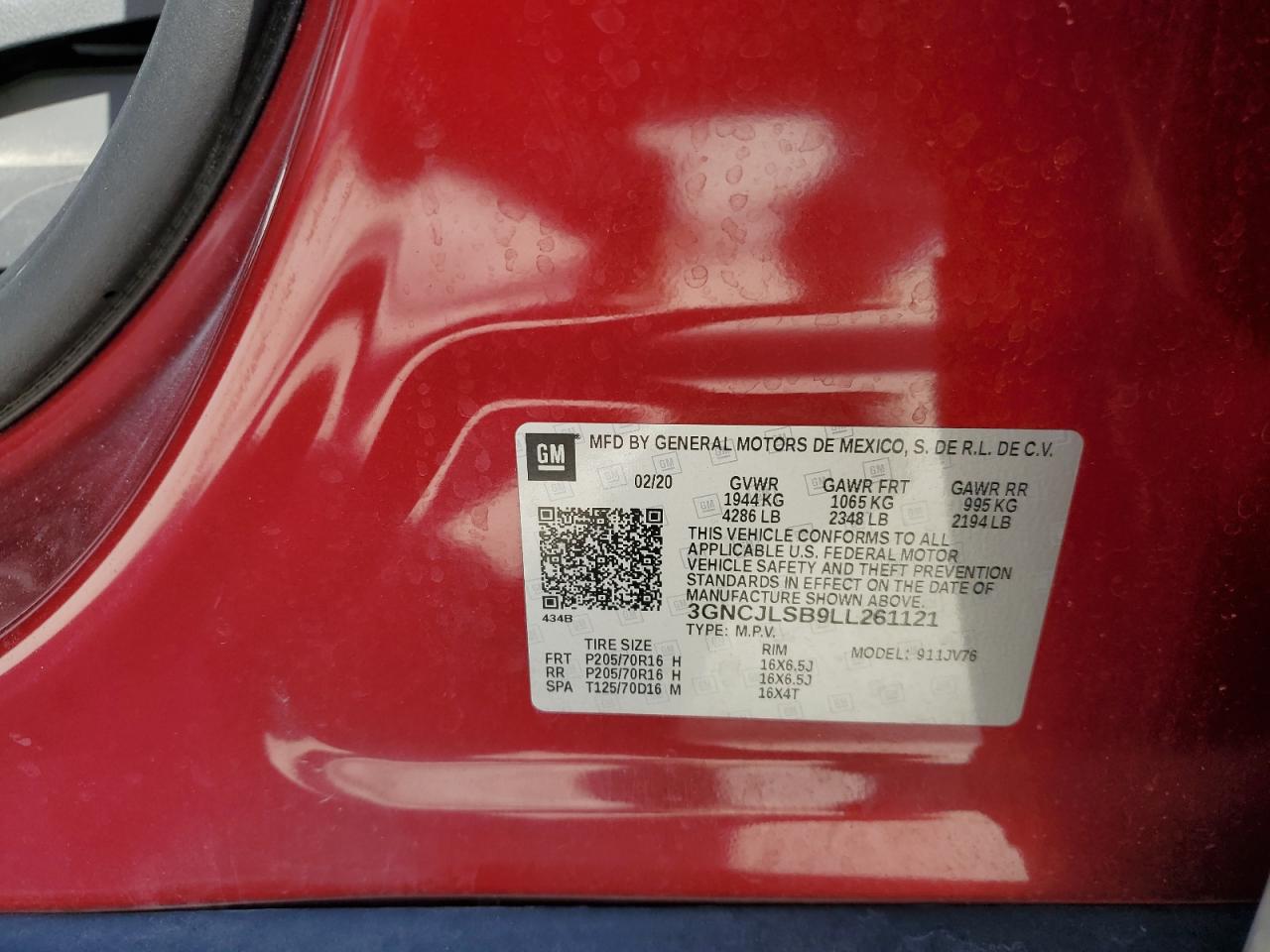 2020 Chevrolet Trax VIN 3GNCJLSB9LL261121 Copart auction photo, front end / side damage thumbnail 13
