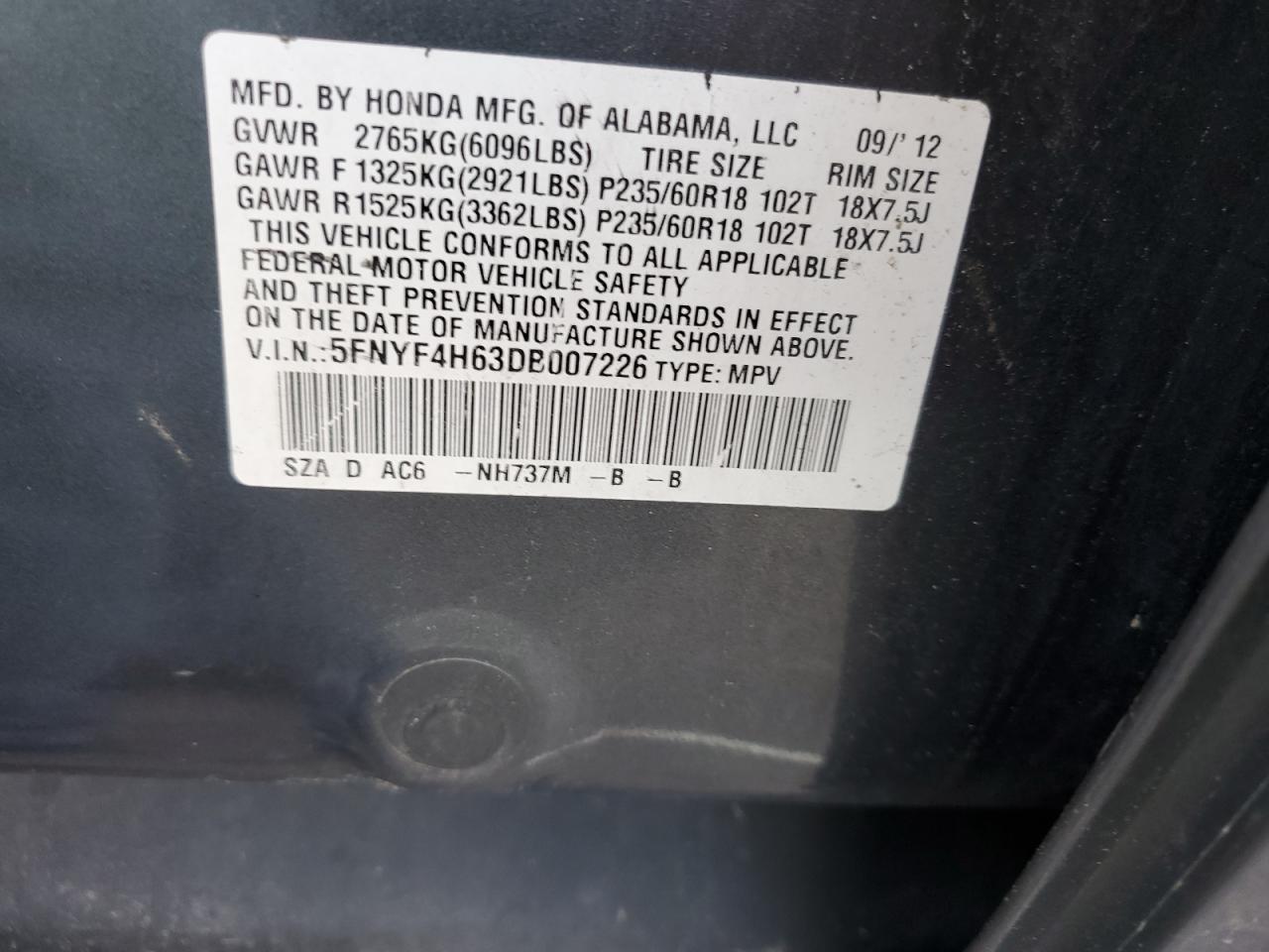 2013 Honda Pilot VIN 5FNYF4H63DB007226 Copart auction photo, water/flood damage thumbnail 13