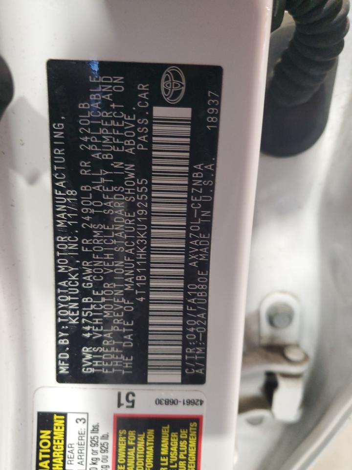 2019 Toyota Camry VIN 4T1B11HK3KU192555 Copart auction photo, vandalism damage thumbnail 12