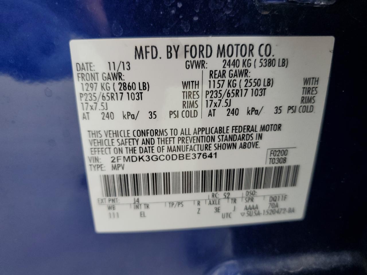 2013 Ford Edge VIN 2FMDK3GC0DBE37641 Copart auction photo, rear end damage thumbnail 13
