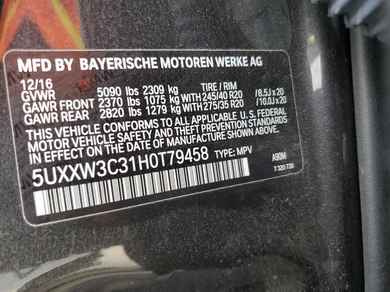 2017 BMW X4 VIN 5UXXW3C31H0T79458 Copart auction photo, all over damage thumbnail 13