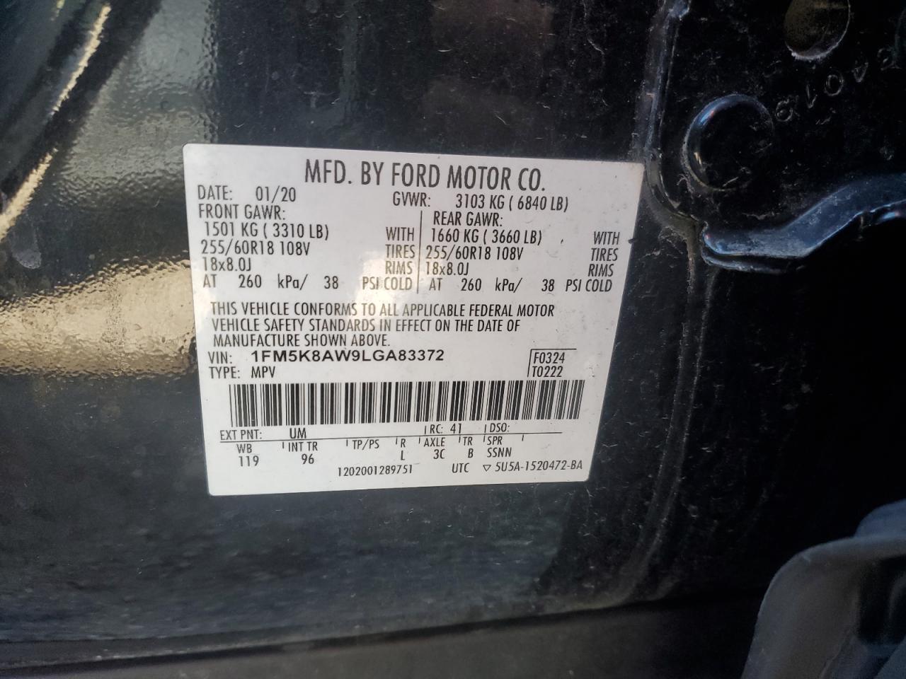 2020 Ford Explorer VIN 1FM5K8AW9LGA83372 Copart auction photo, front end / side damage thumbnail 13