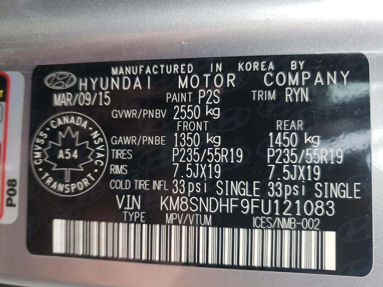 2015 Hyundai Santa Fe VIN KM8SNDHF9FU121083 Copart auction photo, front end / undercarriage damage thumbnail 13