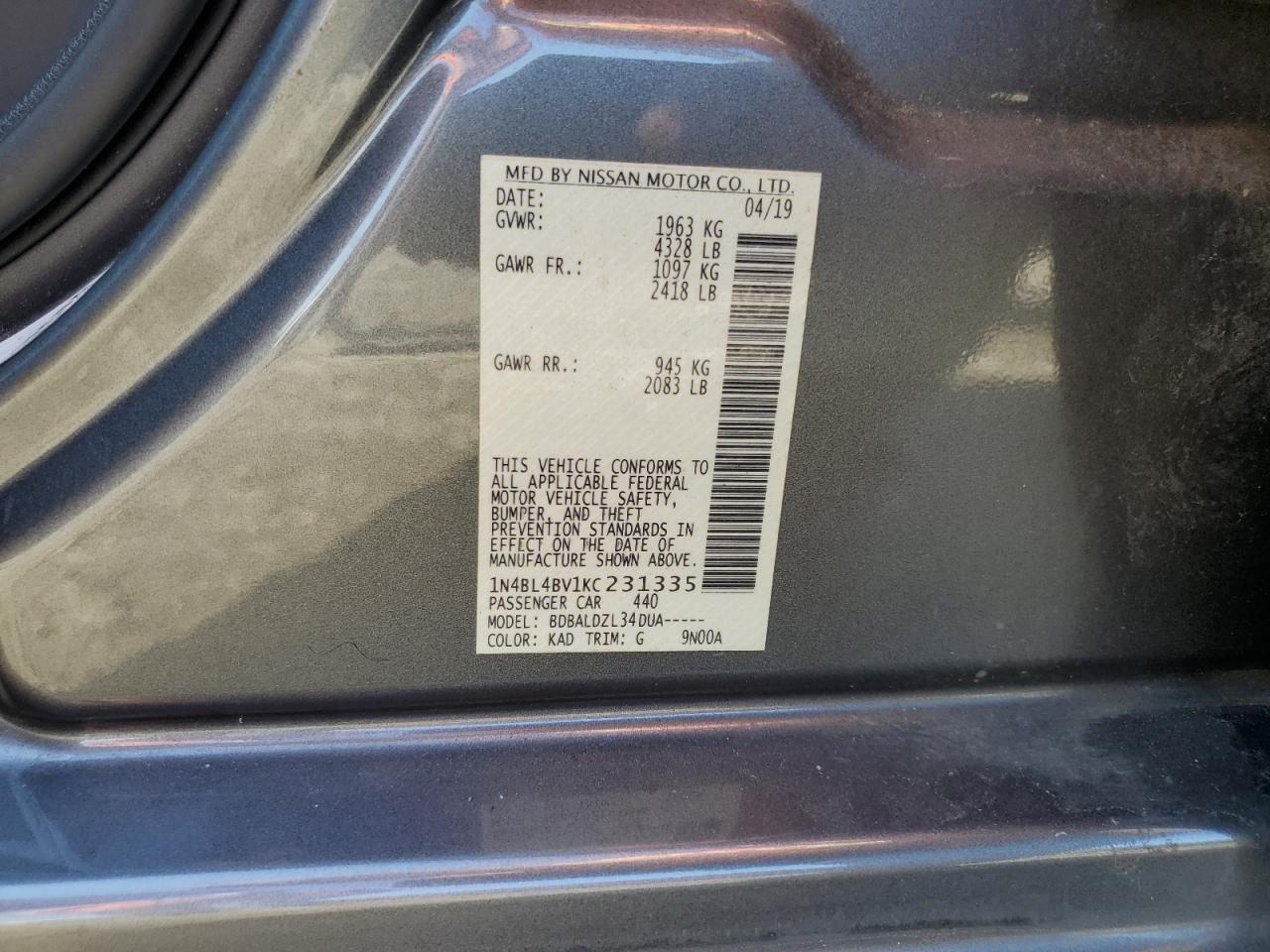 2019 Nissan Altima VIN 1N4BL4BV1KC231335 Copart auction photo, front end damage thumbnail 15