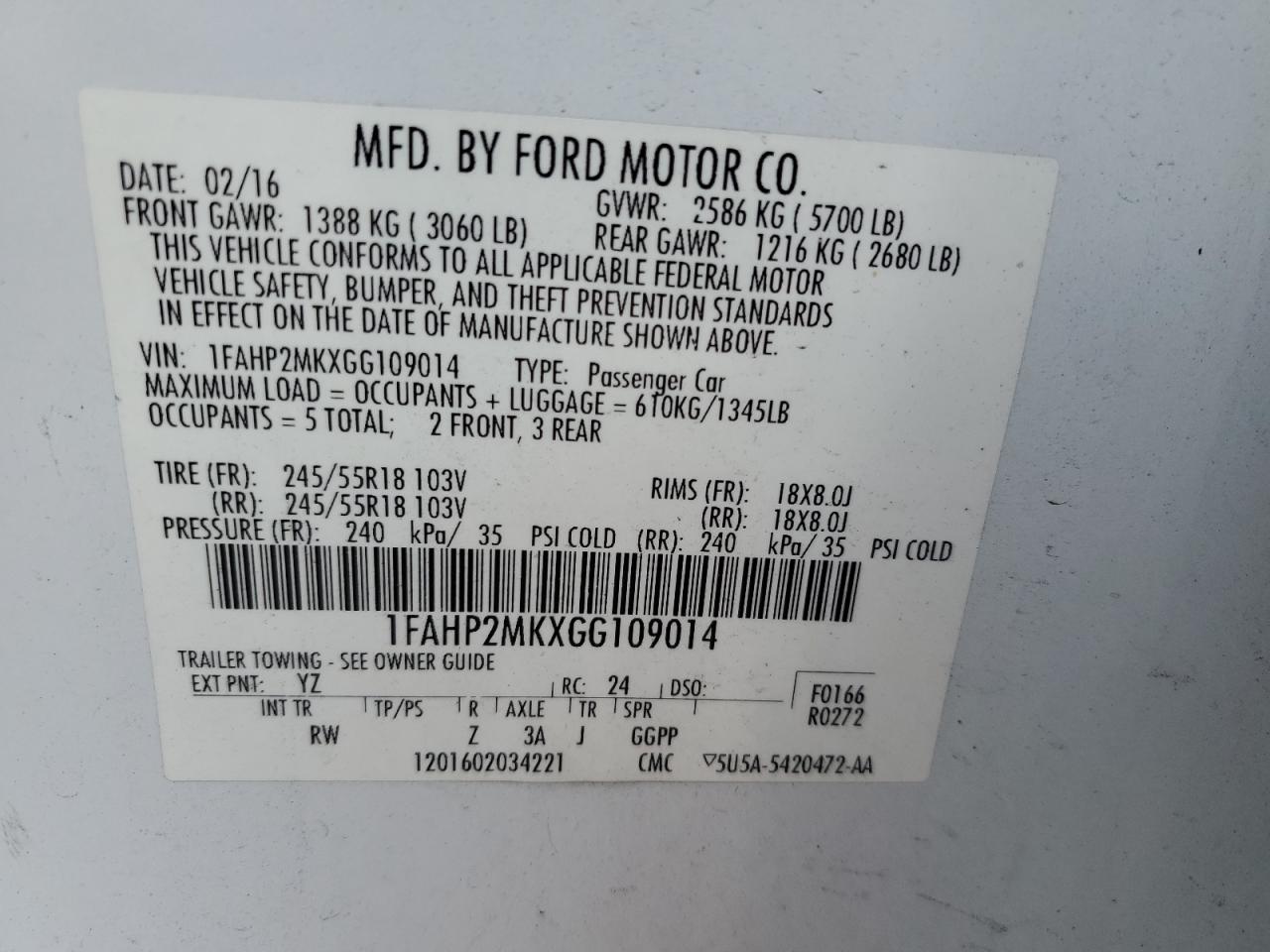 2016 Ford Taurus VIN 1FAHP2MKXGG109014 Copart auction photo, front end / minor dent/scratches damage thumbnail 12