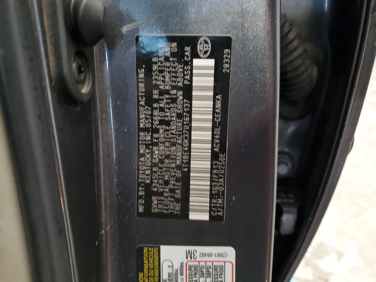 2007 Toyota Camry VIN 4T1BE46K37U167137 Copart auction photo, front end / side damage thumbnail 12