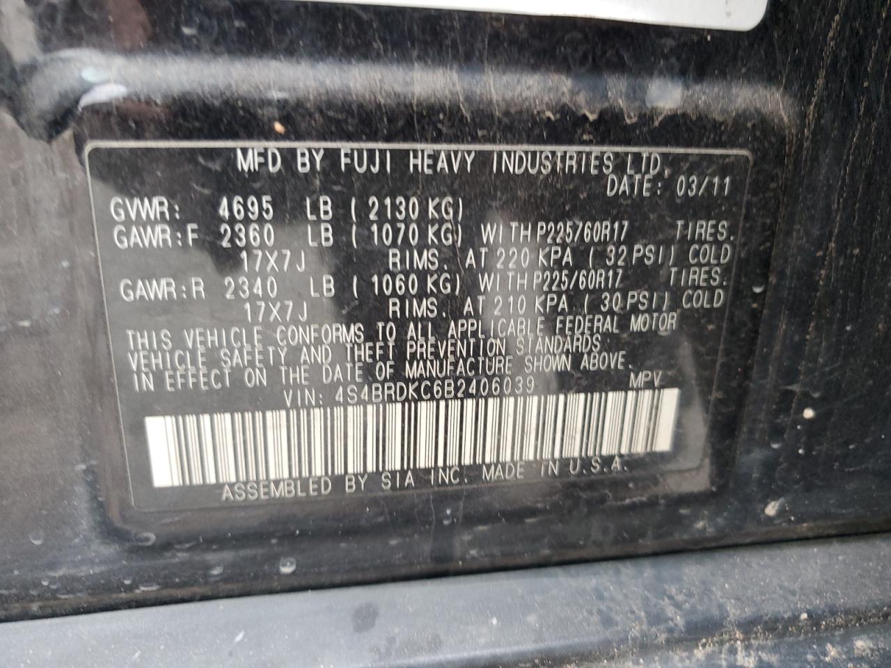 2011 Subaru Outback VIN 4S4BRDKC6B2406039 Copart auction photo, front end / minor dent/scratches damage thumbnail 15
