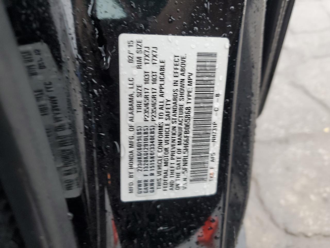 2015 Honda Odyssey VIN 5FNRL5H66FB065868 Copart auction photo, side damage thumbnail 13